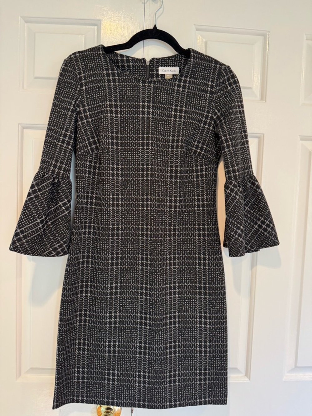 Calvin Klein Black and White Plaid Bell-Sleeve Midi Dress